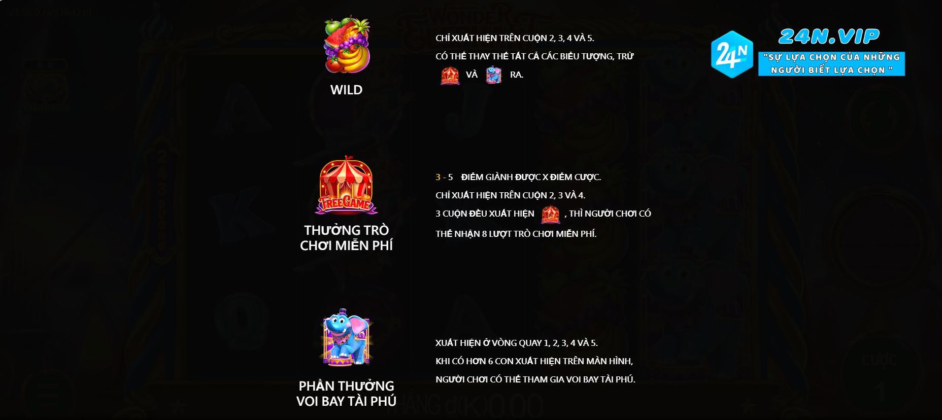 Biểu tượng và tính năng đặc biệt trong trò chơi slot WonderElephant trên nhà cái 24N